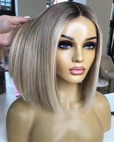 Ash Blonde Balayage Blunt Cut Bob Wig Lace Front Human Hair - Everyday Wigs